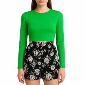 ZARA Long Sleeve Crop Top Open Back Cut Out Cropped Shirt Sz Small Green Stretch